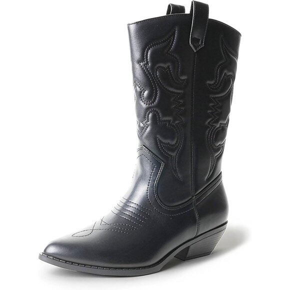 Women Polyurethane Black Mid Calf Low Heel Pointed Toe Cowgirl Western Boot - Picture 2 of 9